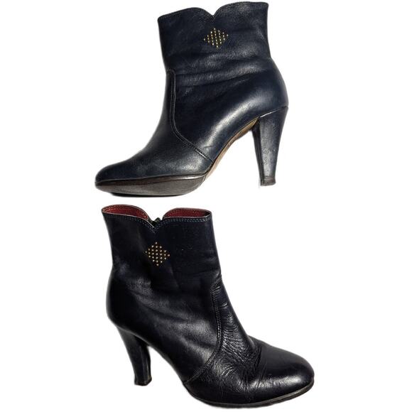 Vtg 1980s Rossella Dark Navy Blue Leather Embellished Studded Ankle Boots 38 7.5 - Picture 1 of 6